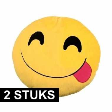 2x emoticon kussens smiley met tong 30 cm