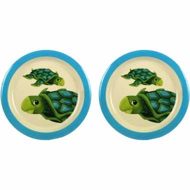 2x melamine borden schildpad wit/blauw 21,5 cm voor kinderen