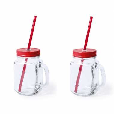 2x stuks glazen mason jar drinkbekers rode dop en rietje 500 ml