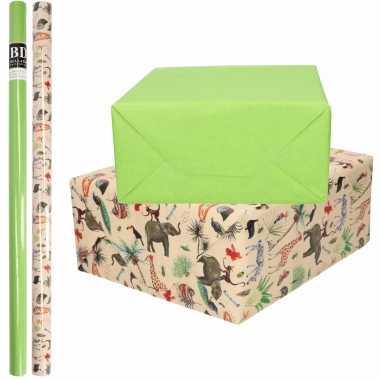 4x rollen kraft inpakpapier jungle/oerwoud pakket - dieren/groen 200 x 70 cm