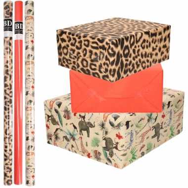 9x rollen kraft inpakpapier jungle/panter pakket - dieren/luipaard/rood 200 x 70 cm