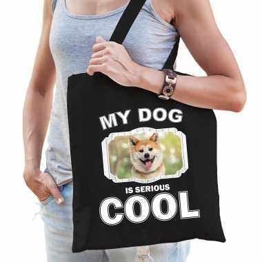 Akita inu honden tasje zwart volwassenen en kinderen - my dog serious is cool kado boodschappentasje