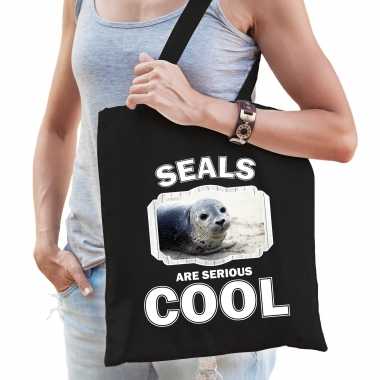 Dieren grijze zeehond tasje zwart volwassenen en kinderen - seals are cool cadeau boodschappentasje