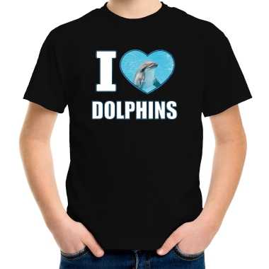 I love dolphins t-shirt met dieren foto van een dolfijn zwart voor kinderen