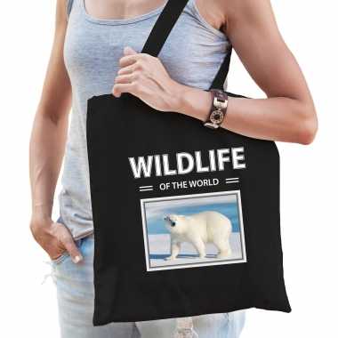 Ijsbeer tasje zwart volwassenen en kinderen - wildlife of the world kado boodschappen tas