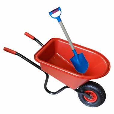 Kunststof/metalen speelgoed kruiwagen 60 cm rood inclusief blauwe schep 55 cm voor kinderen