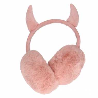Roze pluche duivel oorwarmers voor kinderen