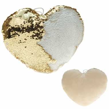 Set van 2x stuks hartjes kussens goud/creme metallic met pailletten 30 cm