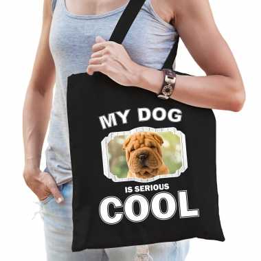 Shar pei honden tasje zwart volwassenen en kinderen - my dog serious is cool kado boodschappentasje