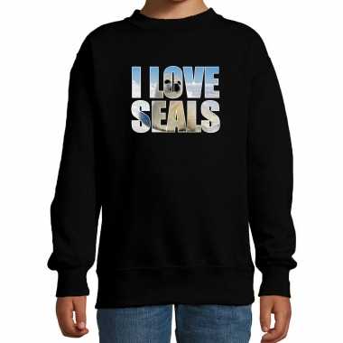 Tekst sweater i love seals met dieren foto van een zeehond zwart voor kinderen