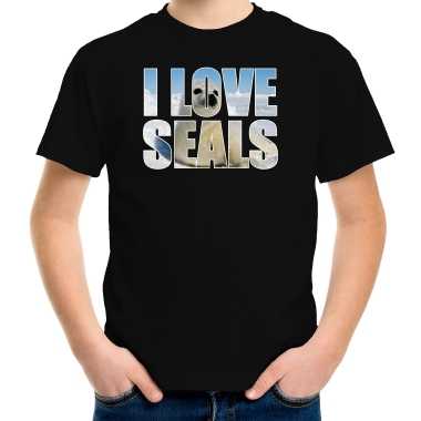 Tekst t-shirt i love seals met dieren foto van een zeehond zwart voor kinderen