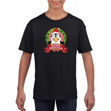 Zwart kerst t-shirt voor kinderen met een pinguin