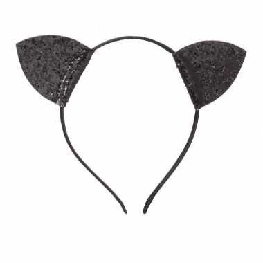 Zwarte glitter diadeem met katten oortjes