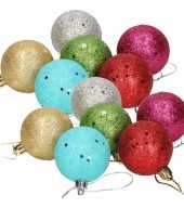 12x gekleurde glitter kerstballen van piepschuim 5 cm