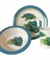 2x 3 delige ontbijtsets bord kom beker voor kinderen schildpad thema wit blauw melamine