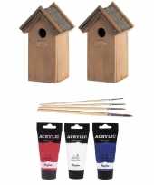 2x houten vogelhuisje nestkastje 22 cm rood wit blauw dhz schilderen pakket