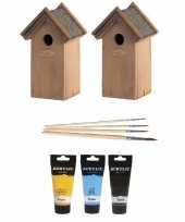 2x houten vogelhuisje nestkastje 22 cm zwart geel lichtblauw dhz schilderen pakket