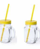 2x stuks glazen mason jar drinkbekers gele dop en rietje 500 ml