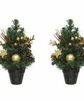 2x stuks mini kunst kerstbomen kunstbomen met gouden versiering 30 cm