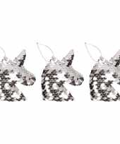 3x kersthangers figuurtjes eenhoorn zilver met pailletten 7 cm