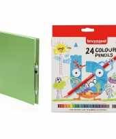 Schetsboek tekenboek groen met 24 kleurpotloden