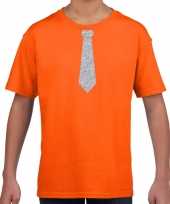 Stropdas zilver glitter t-shirt oranje voor kinderen